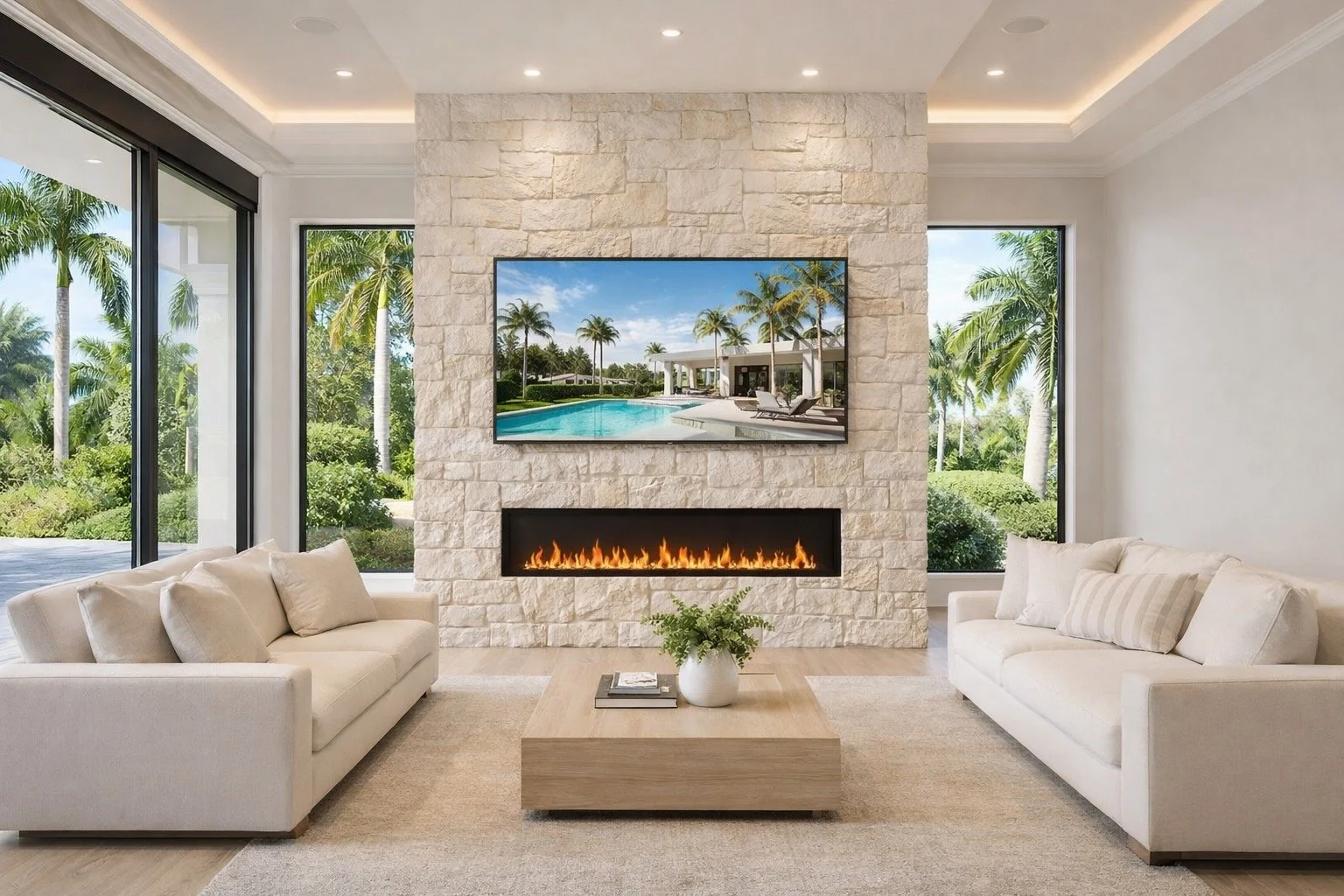 75" TV on Stone Fireplace